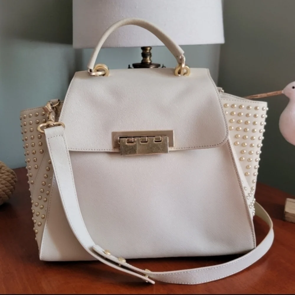 Zac Posen Eartha Studded Cream Saffiano Leather Satchel Crossbody Bag